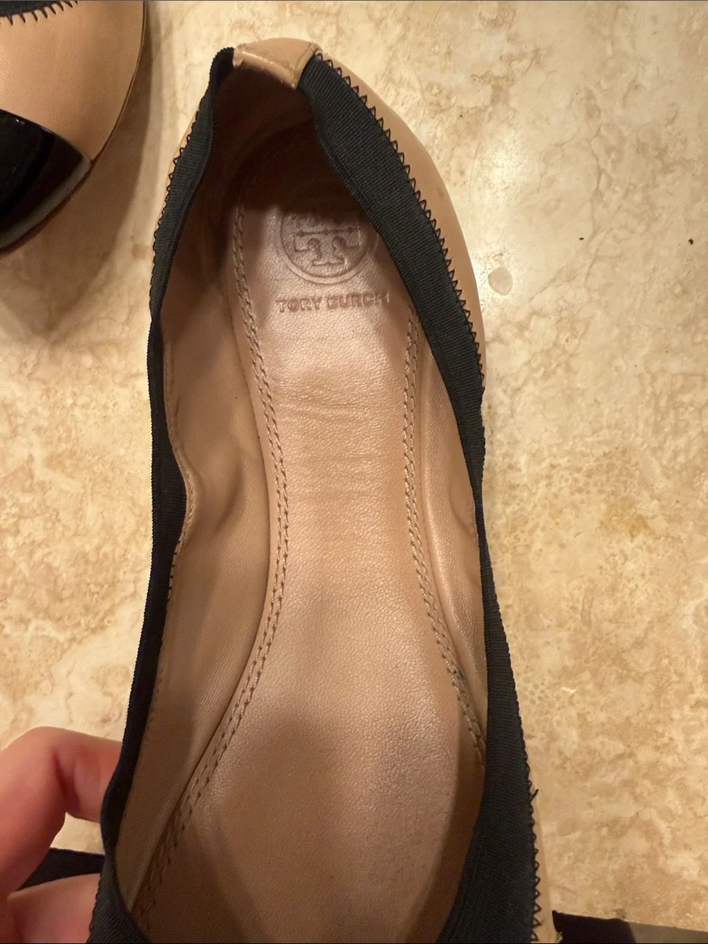 Tory Burch Tan Leather Ballet Flats with Black Patent Cap Toe size 9